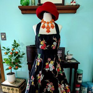 Anthropologie Black Floral Silk Halter Dress Size 6